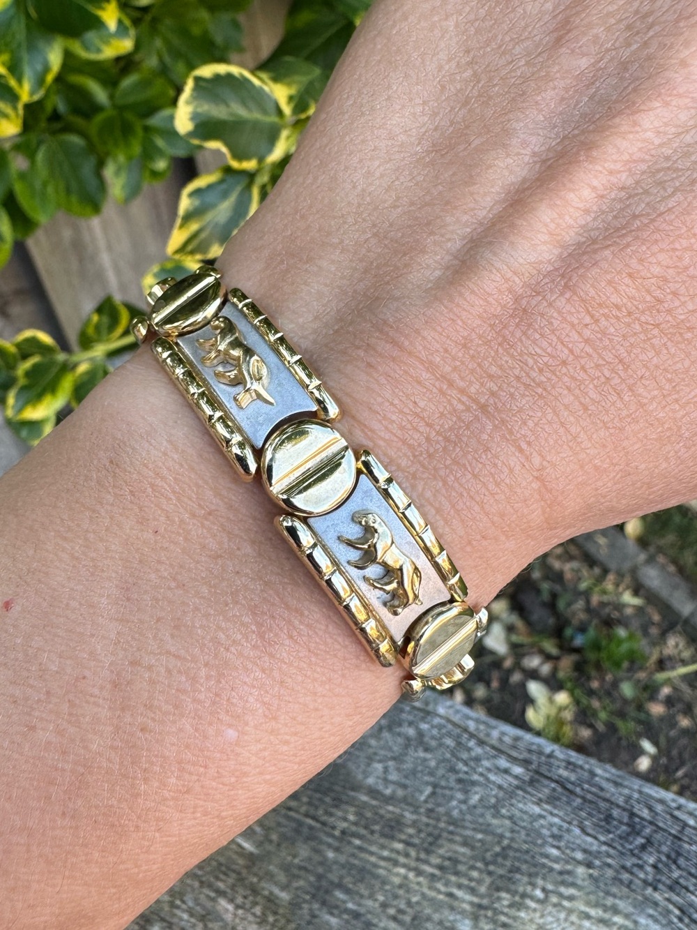 Two-Tone Gold and Silver Stretch Bracelet with Panther Motifs CALLOUT